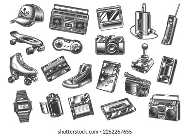 Original monochrome vector set of objects of the 80s-90s in vintage style. Design elements.