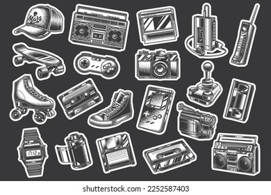 Original monochrome vector set of objects of the 80s-90s in vintage style. Design elements.