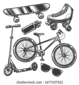 Original monochrome vector set in vintage style. Bicycle, scooter, skateboard, roller skates.