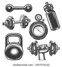Original monochrome vector sports set in vintage style. Healthy lifestyle.