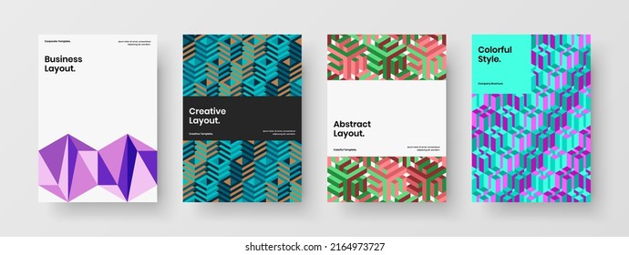 Original mosaic hexagons booklet concept bundle. Colorful front page vector design layout set.