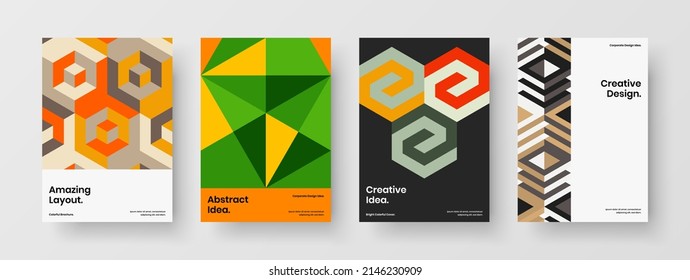 Original mosaic hexagons front page illustration collection. Colorful magazine cover A4 vector design concept set.