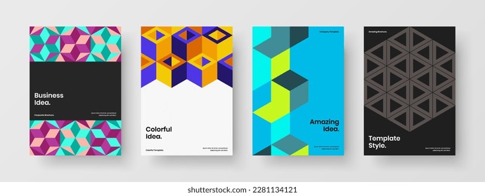 Original mosaic shapes corporate cover illustration composition. Clean brochure A4 design vector template bundle.