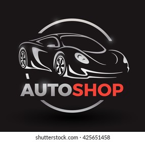 Original motor car concept design of a sports car vehicle with chrome logo silhouette auto shop on black background. Vector illustration.