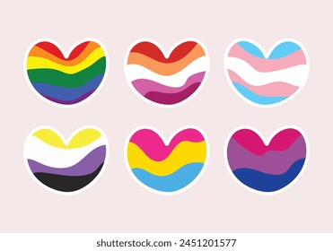 Original multicolor heartLGBT pride stickers set on isolated background. Vector rainbow symbols of LGBT lifestyle. For emblems, stickers, icons.