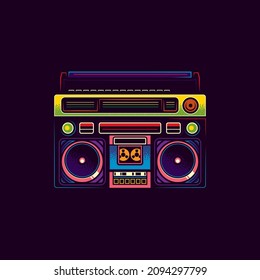 Icono del vector de música original. Boombox. Grabador de cassette estéreo portátil de época.