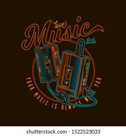 Original, musical vector emblem with the image of a cassette player and cassette in vintage style.