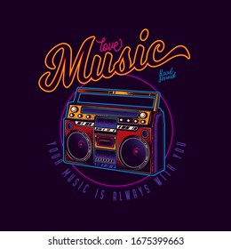 Original, musical vector emblem in neon style. Old cassette player. Boombox