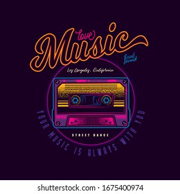 Original, musical vector emblem in neon style. Vintage music audio-cassette with magnetic tape. 