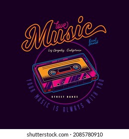 Original, musical vector emblem in neon style. Vintage music audio-cassette with magnetic tape. 