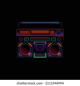 Emblema vectorial musical original al estilo neón. Grabador de cassette estéreo portátil de época.