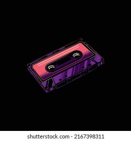 Original, musical vector emblem in neon style. Vintage music audio-cassette with magnetic tape. 