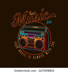 Original, musical vector emblem. Old cassette player. Boombox