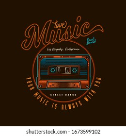 Original, musical vector emblem. Vintage music audio-cassette with magnetic tape. 