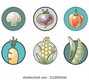 original and natural vegetables in the circle:  corn, mushroom, beets, peppers, carrots, peas