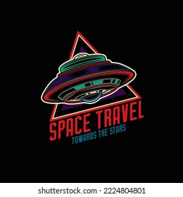 Original neon retro vector logo. A flying saucer in vintage style on the background of a text composition. T-shirt design. Design Element