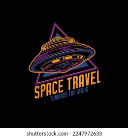 Original neon retro vector logo. A flying saucer in vintage style on the background of a text composition. T-shirt design. Design Element