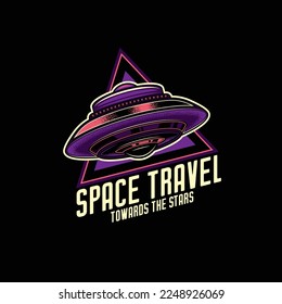 Original neon retro vector logo. A flying saucer in vintage style on the background of a text composition. T-shirt design. Design Element