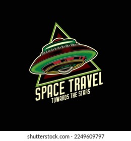 Original neon retro vector logo. A flying saucer in vintage style on the background of a text composition. T-shirt design. Design Element