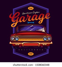 Original neon vector emblem in vintage style. Vintage American car. American custom garage