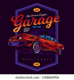 Original neon vector emblem in vintage neon style. American muscle car . American garage custom