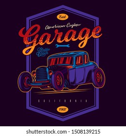 Original neon vector emblem in vintage style. American hot rod. Classical model.. American garage custom