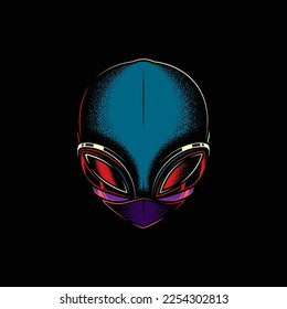 Original neon vector illustration of an alien head in retro style.