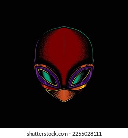 Original neon vector illustration of an alien head in retro style.