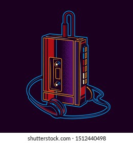 Original neon vector illustration.Old cassette player with retro style headphones