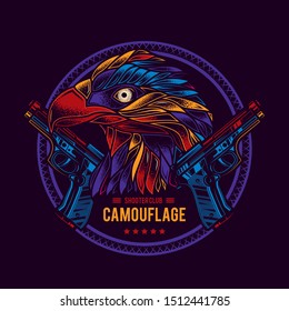 Original neon vector illustration. Emblem shooter club. Skull in a military helmet with a gun