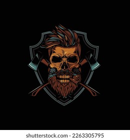 Original neon vector illustration of a lumberjack skull with axes on the background, vintage style. T-shirt or sticker design