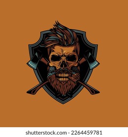 Original neon vector illustration of a lumberjack skull with axes on the background, vintage style. T-shirt or sticker design