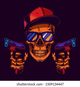 Original neon vector illustration of a skull bandit wearing glasses and a cap, with two guns in his hands. T-shirt or sticker design.