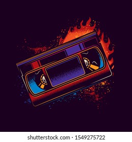 Original neon vector illustration.Old VHS videotape in retro style against a bright flame of fire.