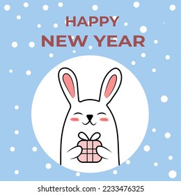 Tarjeta original de Año Nuevo con conejo. Conejo de perro con un regalo. Año Nuevo 2023. Diseño de postales minimalista.