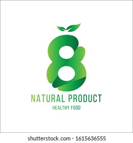Original number 8 for logotype. Natural product with green tree leaf for logo world ecology. Flat Vector Illustration EPS10