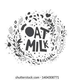 Original oat milk lettering with doodles. Original flat illustration. Vegan, natural hand drawn vector typography. Isolated design element. Healthy, diet nutrition banner, poster, textile design