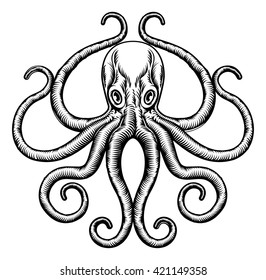 An original octopus or squid tattoo illustration concept design in a vintage woodblock style 