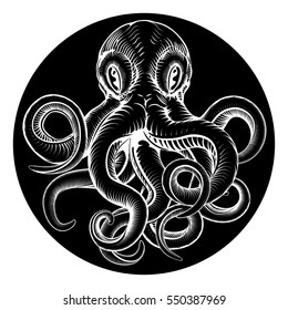 An original octopus or squid tattoo illustration concept design in a retro vintage woodcut engraved etched style 