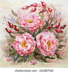 Original oil painting illustration of Wilde rose (Rosehips, Dog rose, Rosa canina) flowers and fruits  