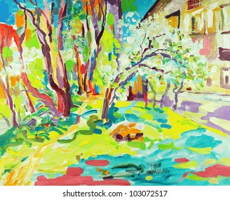 original oil painting of summer landscape. I am author of this illustration. Vector version