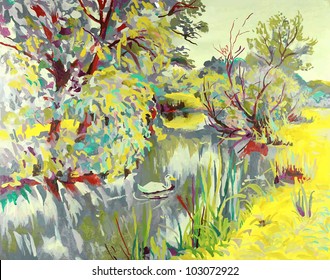 original oil painting of summer landscape. I am author of this illustration. Vector version