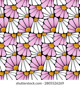 An original ornament made of half flowers.Vector seamless pattern of stylized white and pink flowers on a black background.