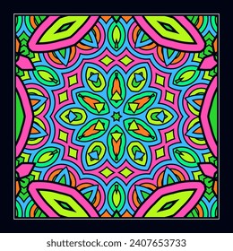 Ein originelles Ornament für einen quadratischen Schal, einen Tischdecken, eine Wandverkleidung oder ein anderes Dekorationsobjekt. Kontrastfarbige Palette. Version 4. Vektorgrafik