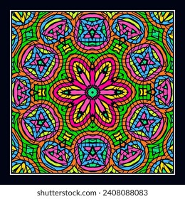 An original ornament for a square scarf, tablecloth, wall panel or any other decorative object. Contrasting color palette. Version No. 5. Vector illustration