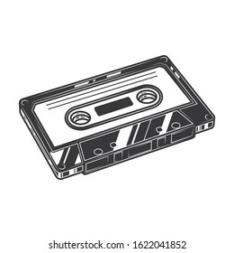 Original outline illustration in retro audio cassette style on white and black background