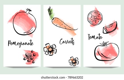 Original package design template with hand drawn pomegranate, tomato, and carrots with slices on watercolor background.