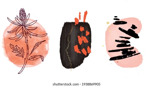 Original painting abstract texture, watercolor shapes, circle frames, orange black blobs, geometric arrangements Modern print set. orange black  Logo. Minimalist Wall art. Business card