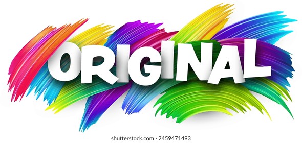 Original paper word sign with colorful spectrum paint brush strokes over white. Vector illustration.