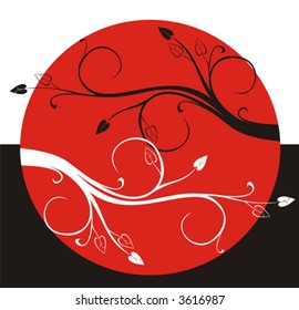 Original pattern, similarity of branches on a background of a red circle. The picture is placed on a black-and-white background.